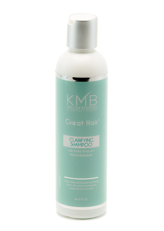 KMB Great Hair Clarifying Shampoo is a hair and scalp cleanser that removes dirt, styling products residue, and mineral deposits from the hair.  It is formulated with green tea extracts.