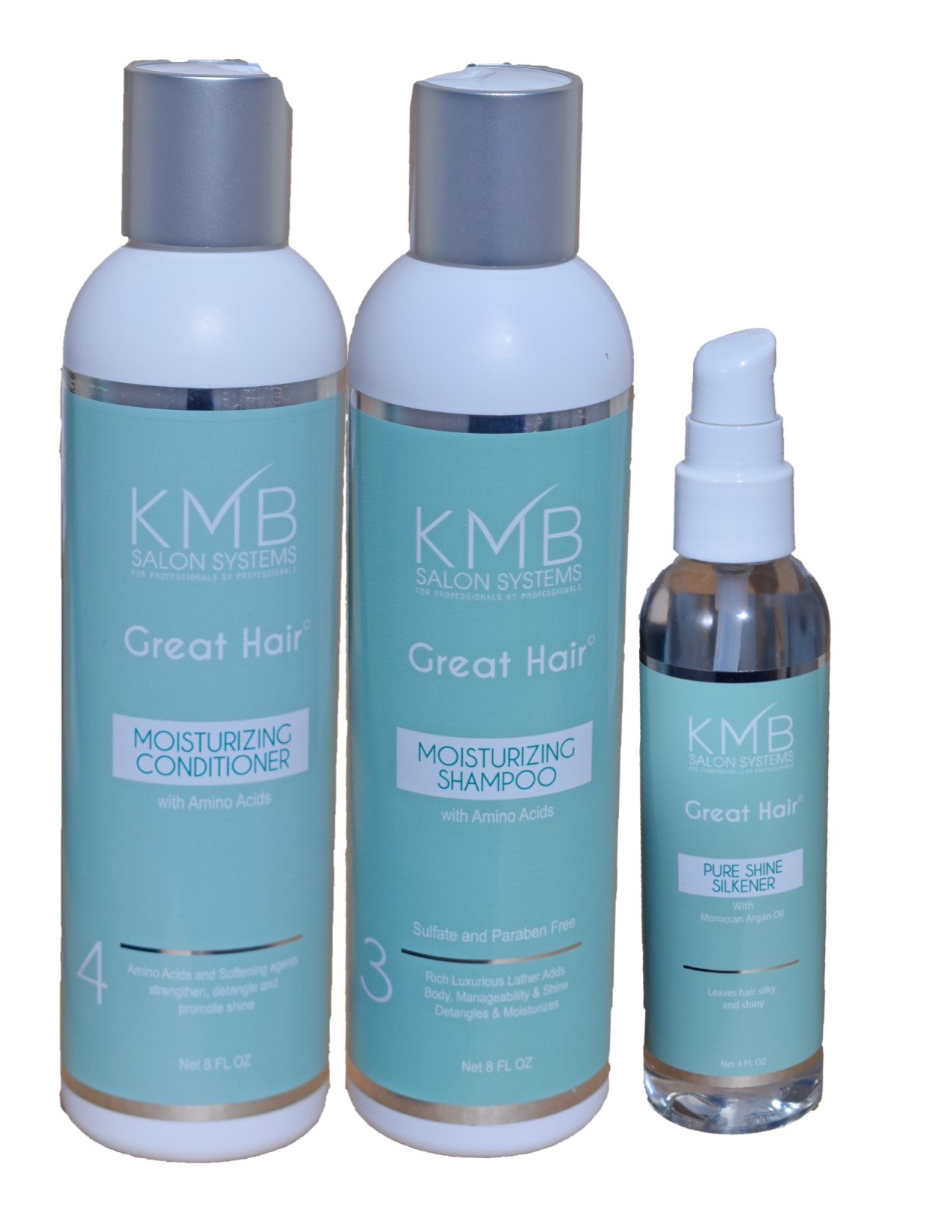 KMB Great Hair retail trio is the perfect at home maintenance collection.  The trio provides the purchaser an 8 ounce Moisturizing Shampoo, an 8 ounce Moisturizing Conditioner and a 2 ounce Pure Shine Silkener. 